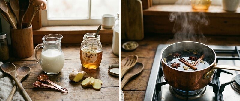 Ingredientes frescos para chai latte casero
