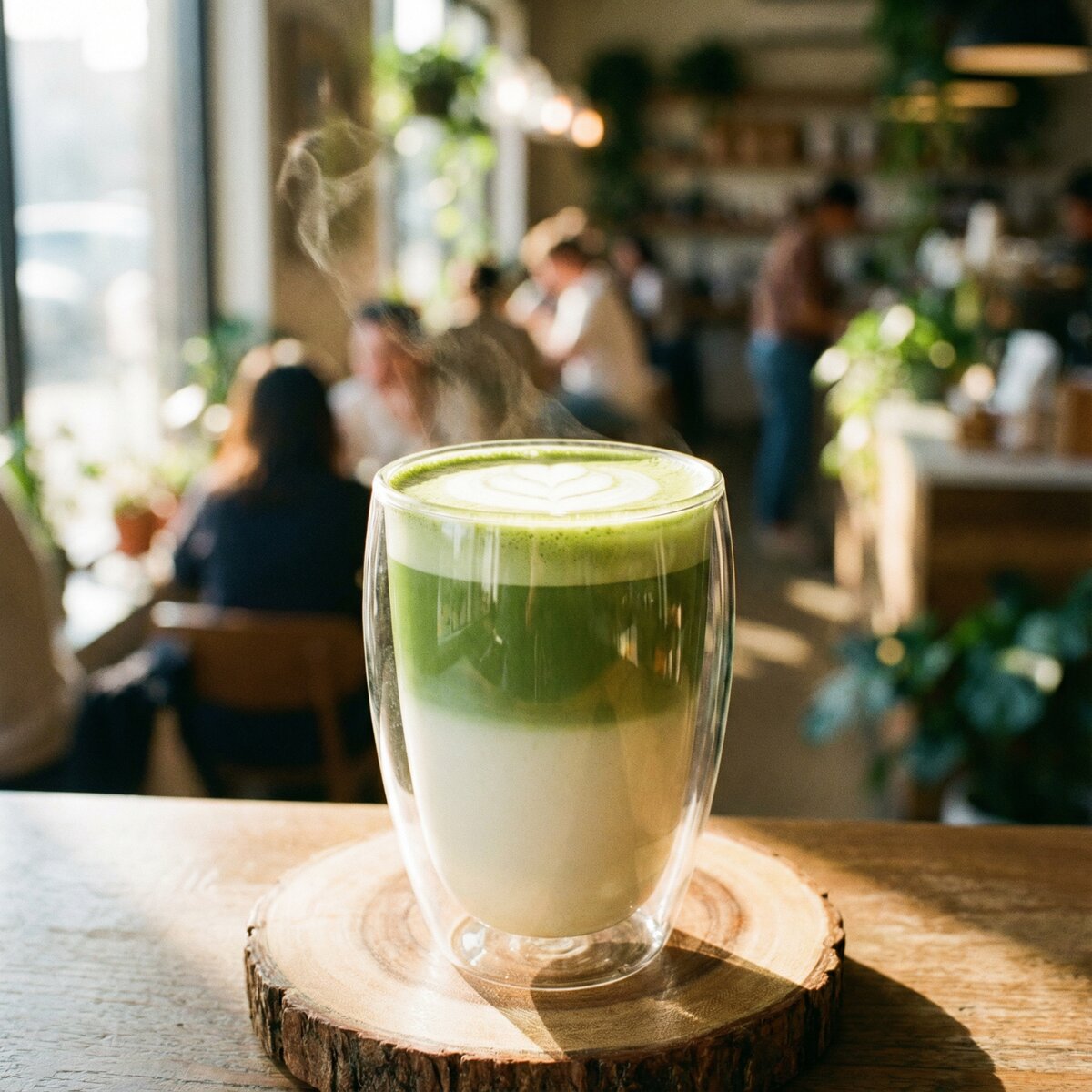 Matcha latte en vaso de vidrio con capas