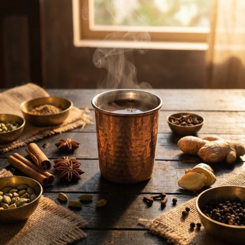 Te chai en taza rodeado de especias aromaticas
