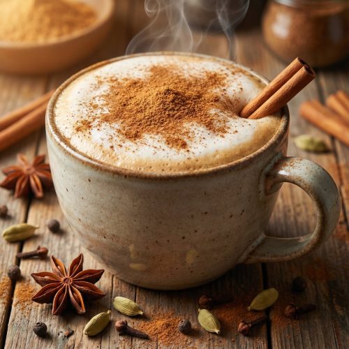 Chai latte cremoso con canela espolvoreada